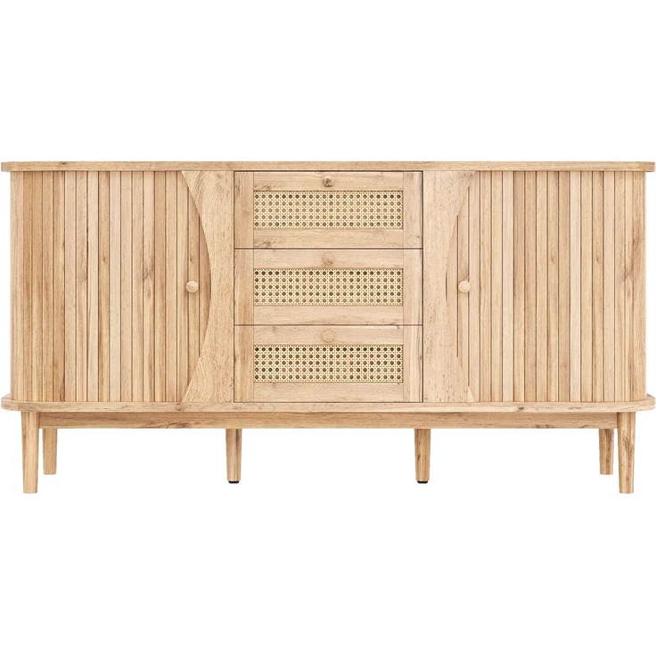 Merax Sideboard, Rattan, mit Schiebetüren, verstellbaren Einlegeböden und abgerundeter Platte, Holzfarbe, 76 x 140,5 x 40 cm – Bild 1