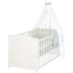 roba Babybett 70 x 140 cm Woodland Buddies - Umbaubares Kinderbett mit Zubehör - Inkl. Matratze, Himmel & Nestchen für Babys & Kleinkinder - Bettwäsche-Set 100x135 cm - Weiß / Grün