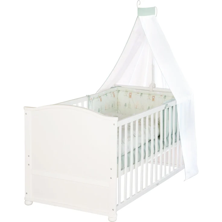 roba Babybett 70 x 140 cm Woodland Buddies - Umbaubares Kinderbett mit Zubehör - Inkl. Matratze, Himmel & Nestchen für Babys & Kleinkinder - Bettwäsche-Set 100x135 cm - Weiß / Grün – Bild 1