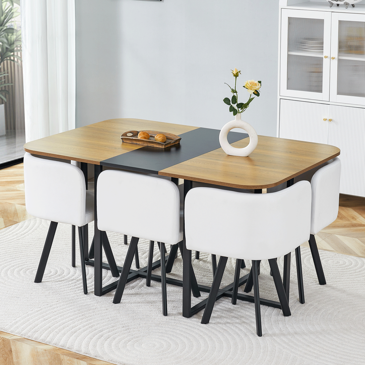 Ausziehbare Esstischgruppe mit 6 Stühlen, MDF-Holzmaserung, schwarzes Metallgestell, modern,H 79 x T 150 x B 100 cm – Bild 4