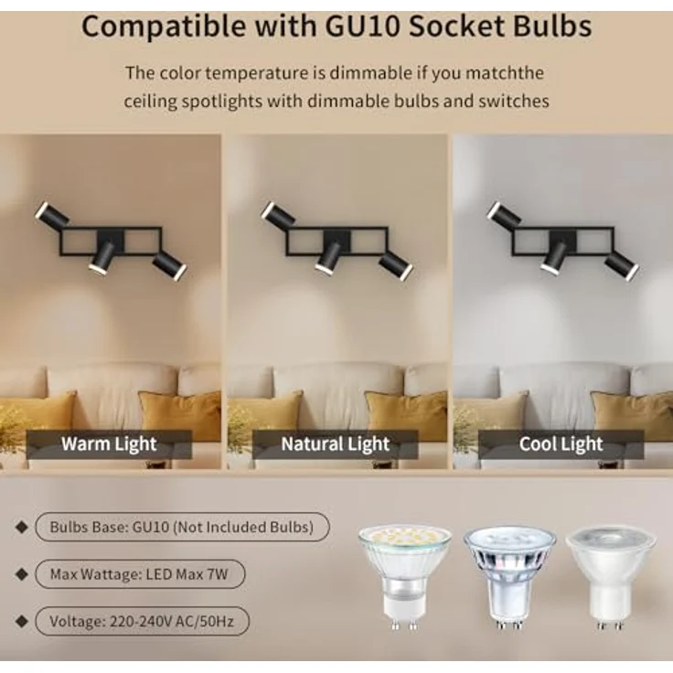 Dehobo LED Deckenstrahler 3 Flammig Schwarz GU10, Deckenlampe Strahler Schwenkbar 350°, Deckenspots für Küche Schlafzimmer Wohnzimmer, Nein Leuchtmittel – Bild 7