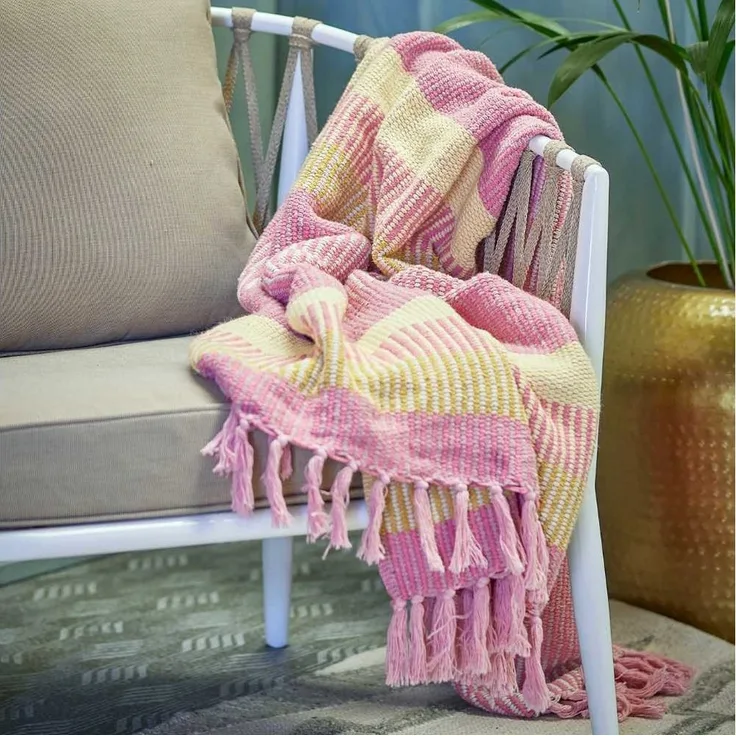 Wolldecke Bloomingville Decke ISNEL Pink Gelb Gestreift 160x130 cm, Bloomingville