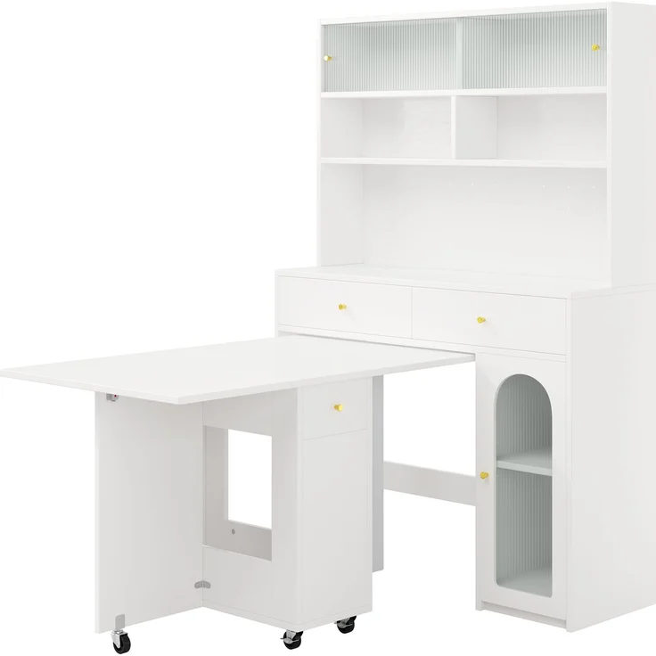 EINHOM Küchenschrank Set mit Klappbarem Esstisch und Bartisch, Mobiler Esstisch auf Rollen, Hochschrank mit Stauraum, Möbel Set für Küche, Esszimmer und Wohnzimmer, Weiß – Bild 5
