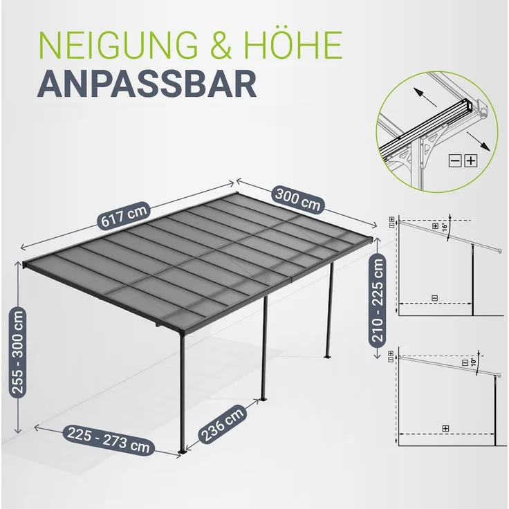 Juskys Terrassenüberdachung Borneo 6x3 m – Aluminium Terrassendach mit Doppelstegplatten Sonnenschutz Wandmontage Überdachung für Terrassen Anthrazit – Bild 5