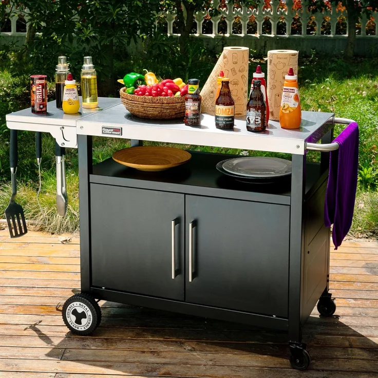 Royal Gourmet Grillwagen mit Klappbarem Seitentisch Grilltisch mit Handtuchgriff, Unterschrank, Grill Trolley mit Edelstahl Tischplatte, Servierwagen mit Rollen – Bild 9