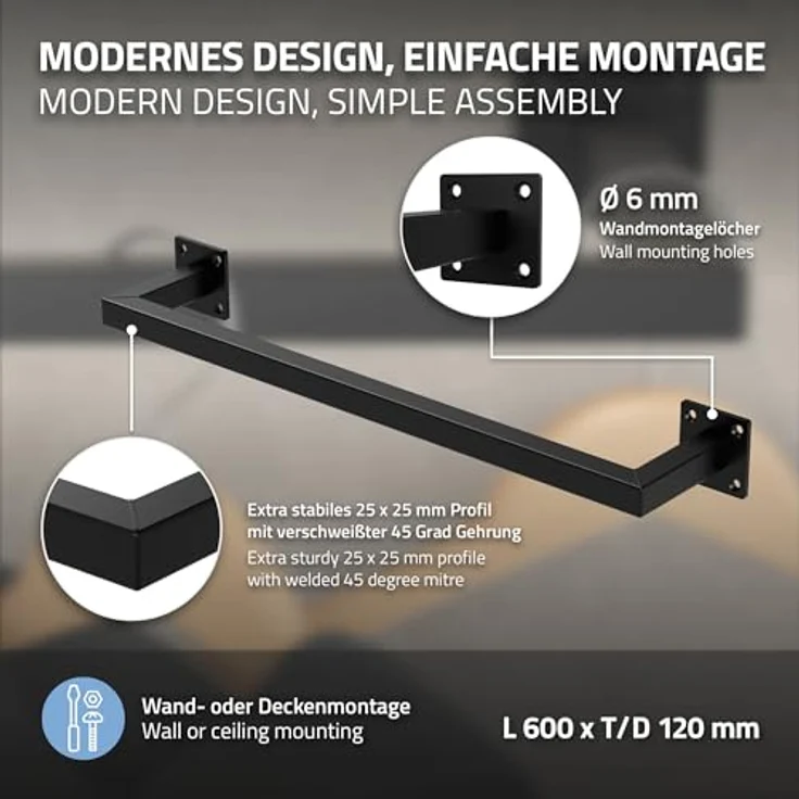 ML-DESIGN Kleiderstange Wandgarderobe Rechteck für die Wand aus Stahl inkl. Montagematerial (1 St), Garderobenstange 60x12 cm Schwarz U-Form Kleiderständer Kleidergestell – Bild 4