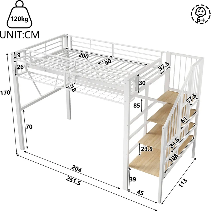 Hochbett mit Liegefläche 90×200 cm, Stufenregal und LED-Beleuchtung, Weiß, ohne Matratze – Bild 5