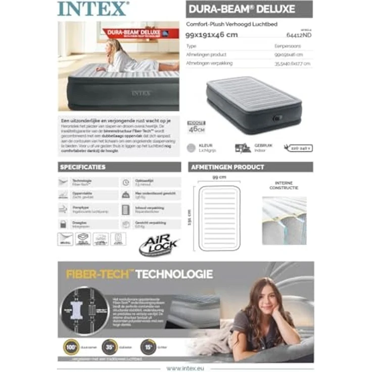 Intex Twin Comfort-Plush Luftbett mit Fiber-Tech RP, aufgeblasene Größe: 99 x 191 x 46 cm (64412ND) – Bild 5