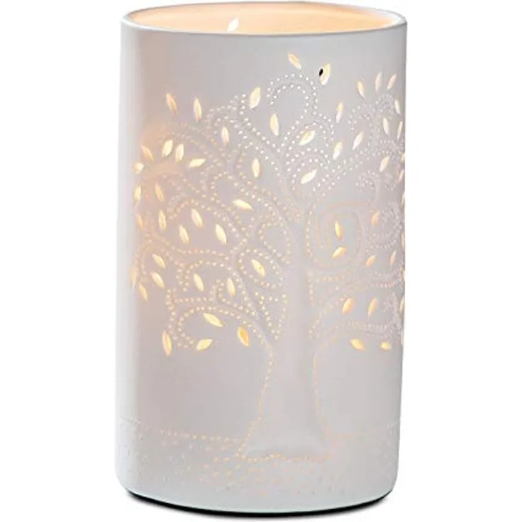 GILDE Tischleuchte Porzellan Lampe Zyl. Lebensbaum weiß 20cm 34919