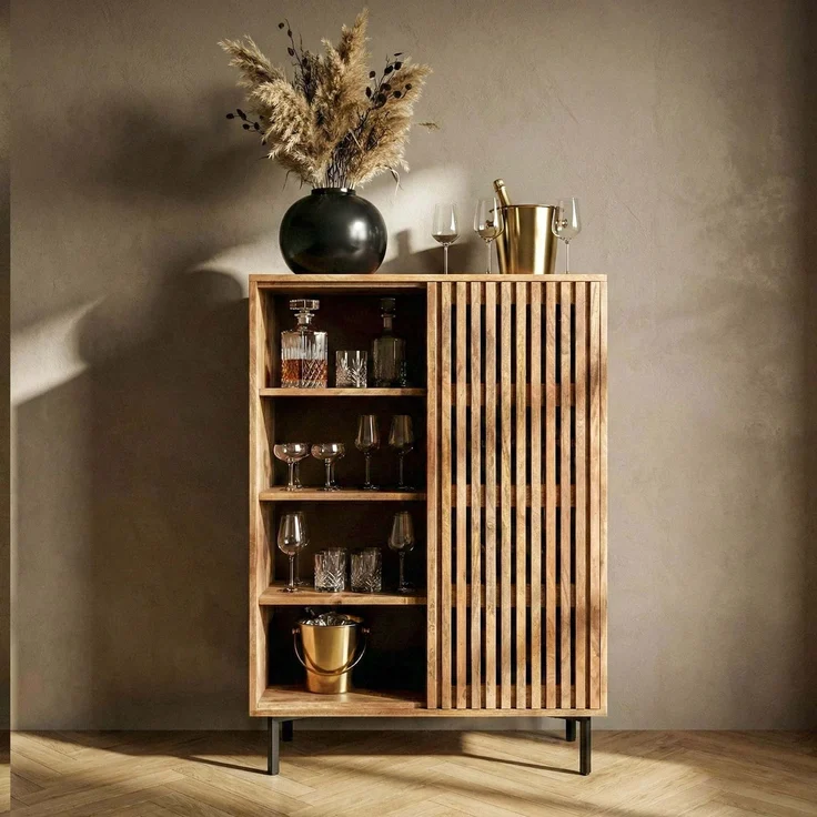 Hausbar Mango Massivholz 80x123cm Barschrank mit Schiebetür im Gitter-Design - Bar Schrank Weinaufbewahrung - Spirituosenschrank mit Metallbeine und Weinregal Handmade – Bild 5