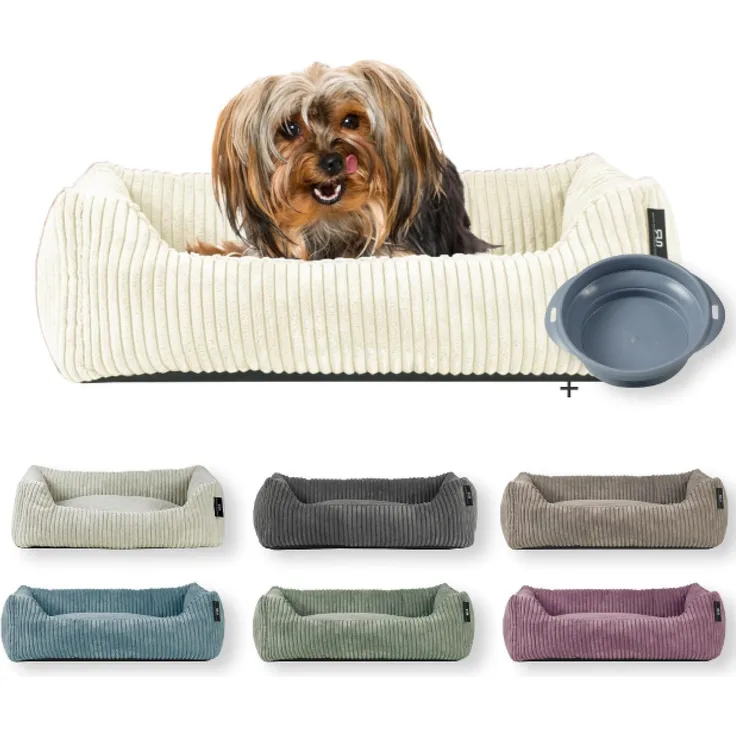 Rohrschneider Tierbett Hundebett Cord für kleine Hunde mit waschbarem Bezug inkl. Futternapf, antiruschbeschichtete Unterseite