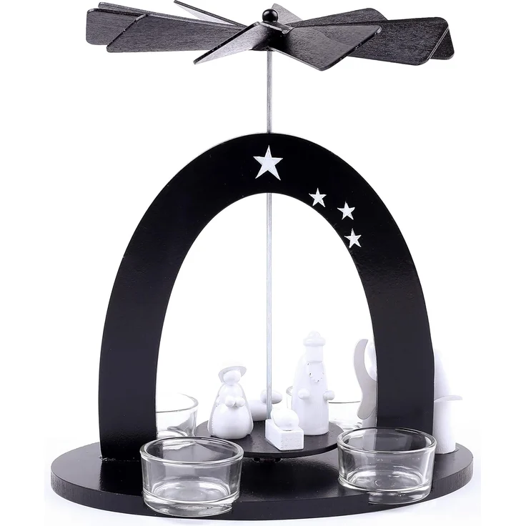 BRUBAKER Weihnachtspyramide Teelicht Holzpyramide Maria, Josef und Jesus, Weihnachtsdeko, Schwarz-weiße Teelichtpyramide mit 4 Teelichthaltern aus Glas – Bild 3