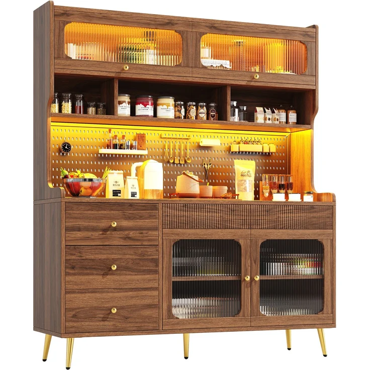 ZUBALIYA LED-Küchenschrank 145x39x171 cm, mit App-Steuerung, mit Stauraum, MDF/Glas, Nussbaum – Bild 19