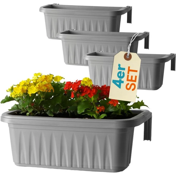 GarPet Balkonkasten 4er Set Blumenkasten Balkon Geländer Kasten Halterung Wasserspeicher – Bild 1
