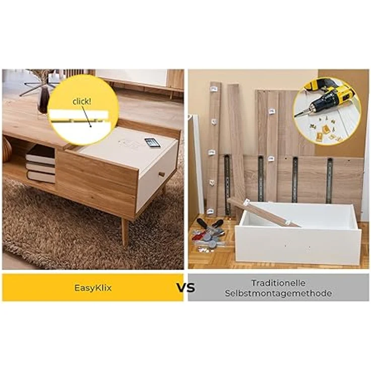 Forte HARLLSON, einfache Montage Dank EasyKlix by Couchtisch Holzdekor: Mauvella Eiche mit Weiß, Wohnzimmertisch mit Schublade, Modern Mid Century Stil, 106 cm breit x 45 cm hoch x 60 cm tief – Bild 9