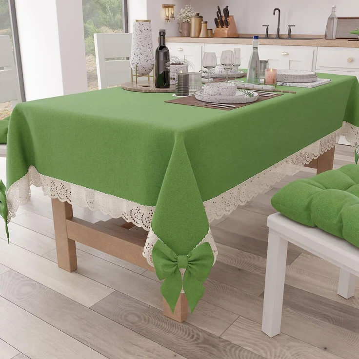 PETTI Artigiani Italiani - Tischdecke, Tischdecke, rechteckige Küchentischdecke mit Sangalla-Spitze und Schleifen, Tischdecke einfarbig aus Baumwolle, 12-Sitzer (140x240 cm) Grün
