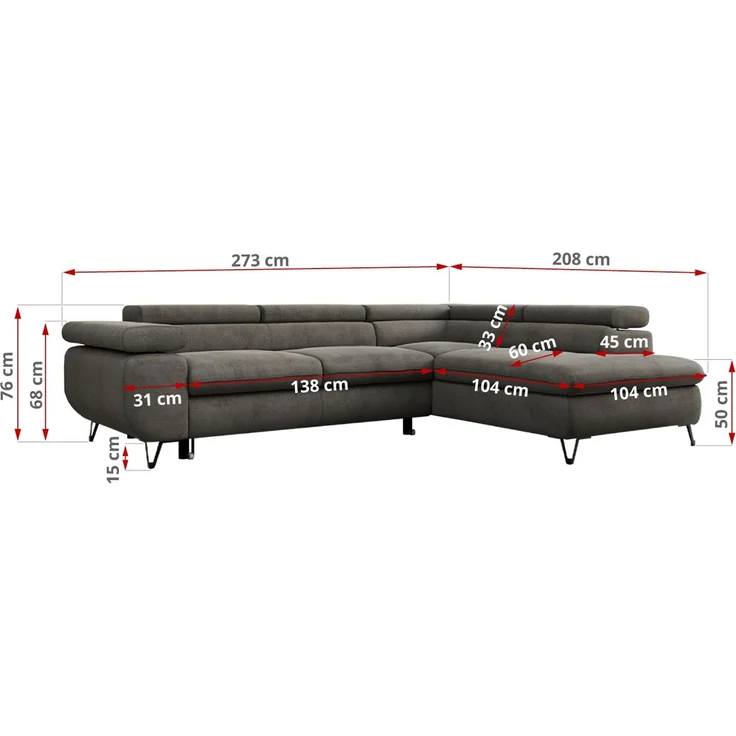Mks Möbel 'Peter L-form' Ecksofa mit Bettfunktion, Bettkasten & einstellbaren Kopfstützen, Braun, Velours, mit Topper, rechts – Bild 7