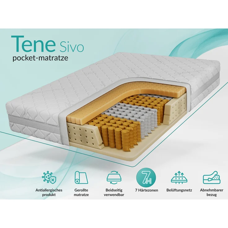 Taschenfederkernmatratze H3 – 7 Zonen Rollmatratze, abnehmbarer waschbarer Bezug, für Allergiker geeignet, Latex - 160 x 200 cm - TENE - SIVO – Bild 2
