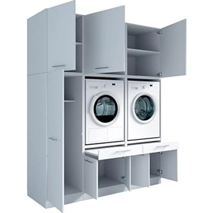 Laundreezy Waschraum Komplett-Set, Weiß - Modulares Schranksystem für Waschküche & Hauswirtschaftsraum - 186 x 238 x 68 cm (B/H/T) – Bild 3