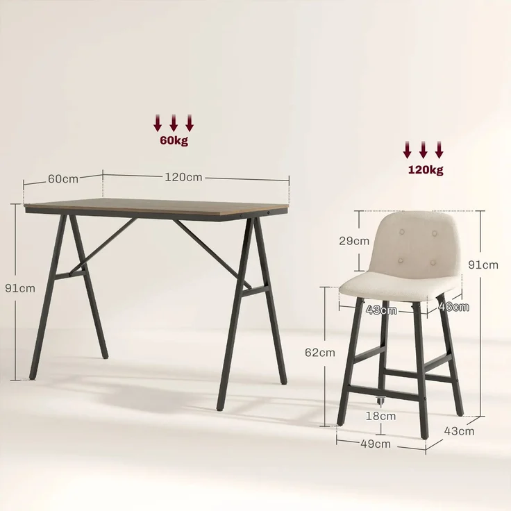Bartisch-Set 120x60x91 cm mit 4 gepolsterten Barhockern, Beige, Stahlgestell – Bild 4