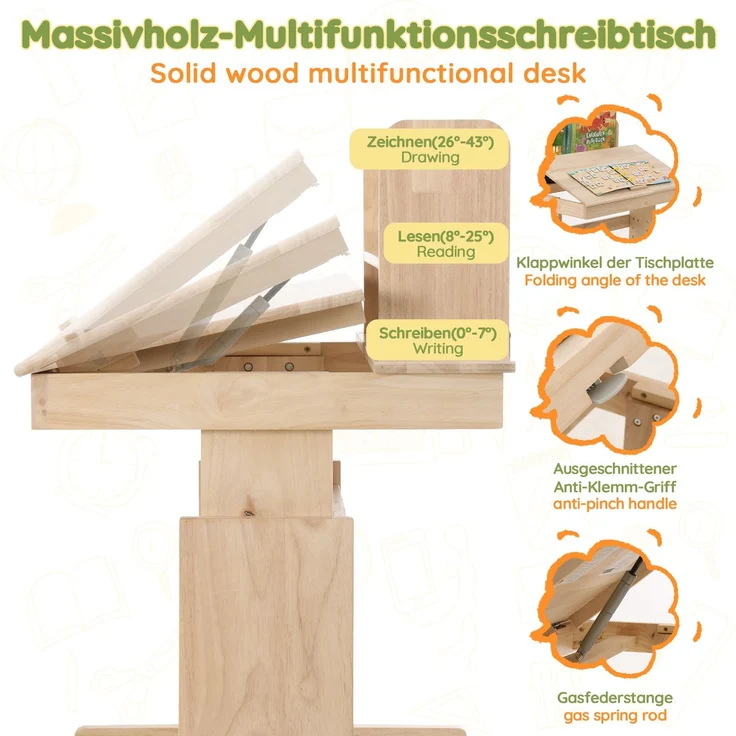 Kindertisch, Höhenverstellbarer Massivholz-Multifunktionsschreibtisch für Kinder, klappbare Tischplatte, Buchstütze, Sicherheitszertifiziert, für Kinder ab 6 Jahren--Natürlich--80x94x80cm--YOUDENOVA – Bild 9