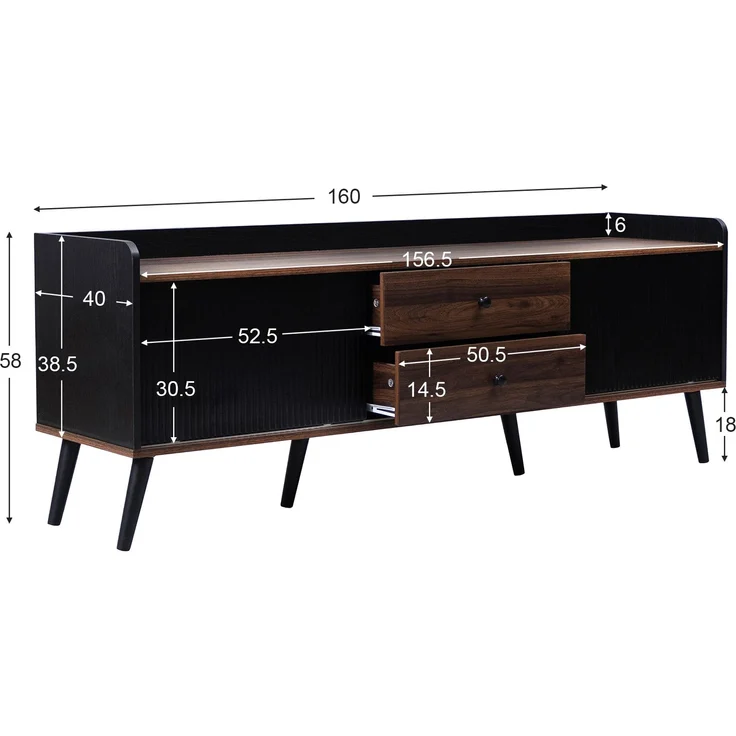 TV-Ständer 160 cm Schwarz & Holz, Sideboard mit gestreiften Schiebetüren, zwei Schubladen, Massivholzbeine – Bild 9
