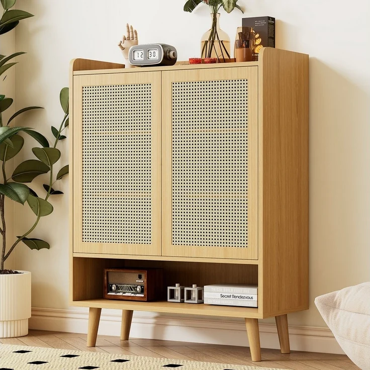 OKWISH Schuhschrank aus natürlichem Rattan mit 2 Türen und 5 Regalböden,B80/H105/T35 cm – Bild 3