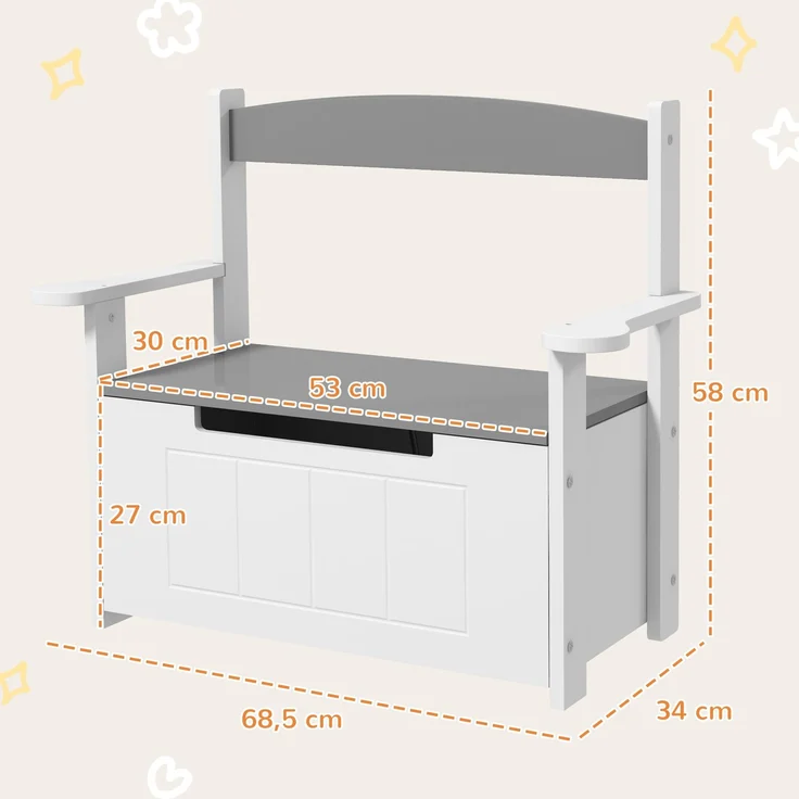 JARDJ Kinder-Aufbewahrungsbank mit Rückenlehne und Soft-Close-Deckel, Tragkraft 30 kg, für Spielzimmer, 68,5 x 34 x 58 cm, Grau und Weiß – Bild 5