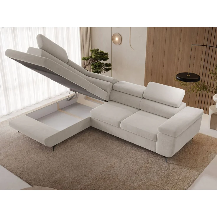 GRAINGOLD Ecksofa ARGON mit Bettfunktion, Bettkasten, Einstellbaren Kopfstützen, Velvet-Stoff, Hellbeige, Rechts – Bild 5