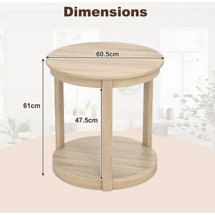 COSTWAY Couchtisch, runder Wohnzimmertisch, 2 Ebenen, Holz, Grau – Bild 2