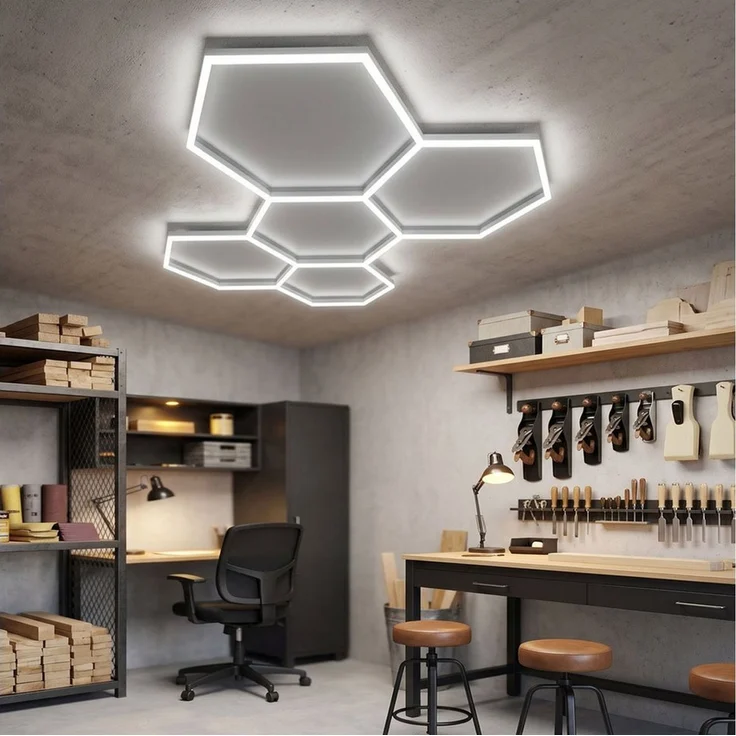 oyajia Deckenleuchte 5/14 Packs Hexagon Größer, LED Deckenleuchte Garage Light 720W 86400lm, ohne Rand, LED fest integriert, ‎Kaltweiß, LED Deckenleuchte für Garage, Studio, Parkplatz, Auto-Detailing-Shop – Bild 3