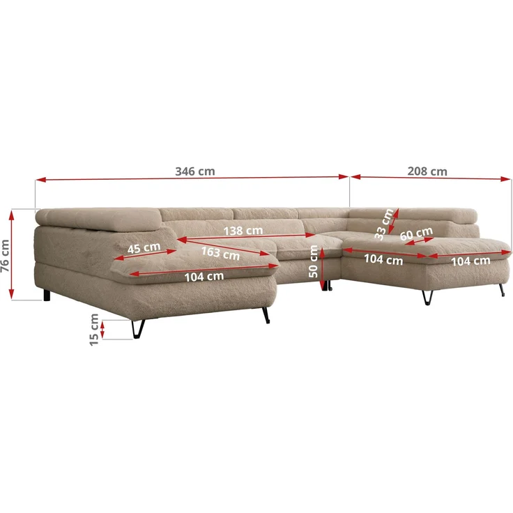 Ecksofa U-Form, mit Bettkasten, Bettfunktion und Einstellbare Kopfstützen, Sofa big XXL - PETER U - Beige Plüsch – Bild 8