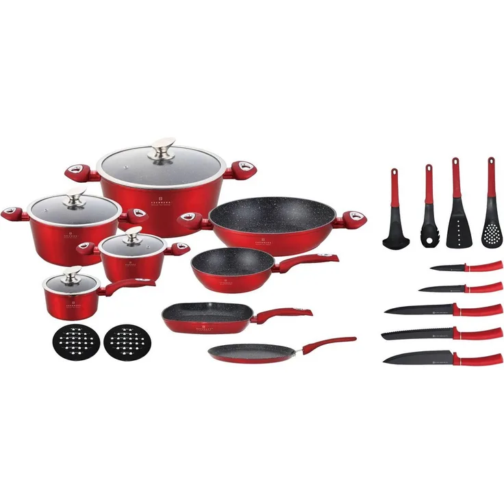 Edenberg Topf-Set 23 tlg, Modernes Topfset mit Pfannen in elegantem, intensivem Rot, Aluminium, Aluminiumguss, Edelstahl (Gönnen Sie sich dieses elegante Premium-Kochgeschirr-Set in strahlendem Rot und genießen Sie Qualität, Stil und Kochkomfort auf hö...