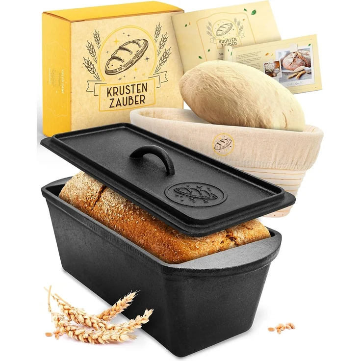 Krustenzauber Brotbackform mit Deckel inkl. Gärkorb - Robuste 28cm Backform aus Gusseisen, (Ideal als Kastenform, Toastbrot Backform), Brotform, Gusseisen Topf Brot backen Zubehör, Brottopf – Bild 1