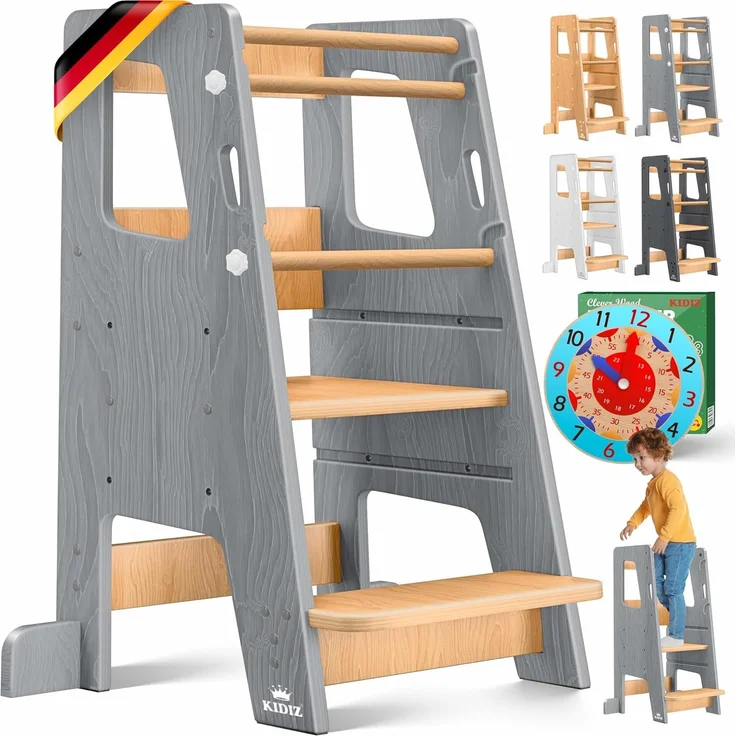 KIDIZ® Lernturm für Kinder ab 1 Jahr inkl. Lernuhr, 3-stufig Höhenverstellbarer Tritthocker aus Kiefernholz, spielerisch motorische Fähigkeiten fördern, Montessori Learning Tower, bis 50 kg belastbar, Grau / Hellbraun, 90 x 40 x 44 cm – Bild 1