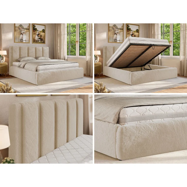 Polsterbett SAVINO CLASSIC mit Bettkasten und Lattenrost Doppelbett 140 x 200 cm mit hohem Kopfteil Stauraumbett Bett mit Gasdruckfeder - Creme Plüsch - Multipocket Matratze - ELORI LUX – Bild 2