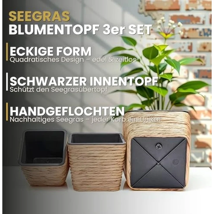 INtrenDU Blumentopf Seegras Eckig 3er Set mit Innentopf (Schwarz – Pflanzkorb Geflochten Uebertopf Boho Deko, Pflanztopf Quadratisch 3 Groessen fuer Zimmerpflanzen) – Bild 2