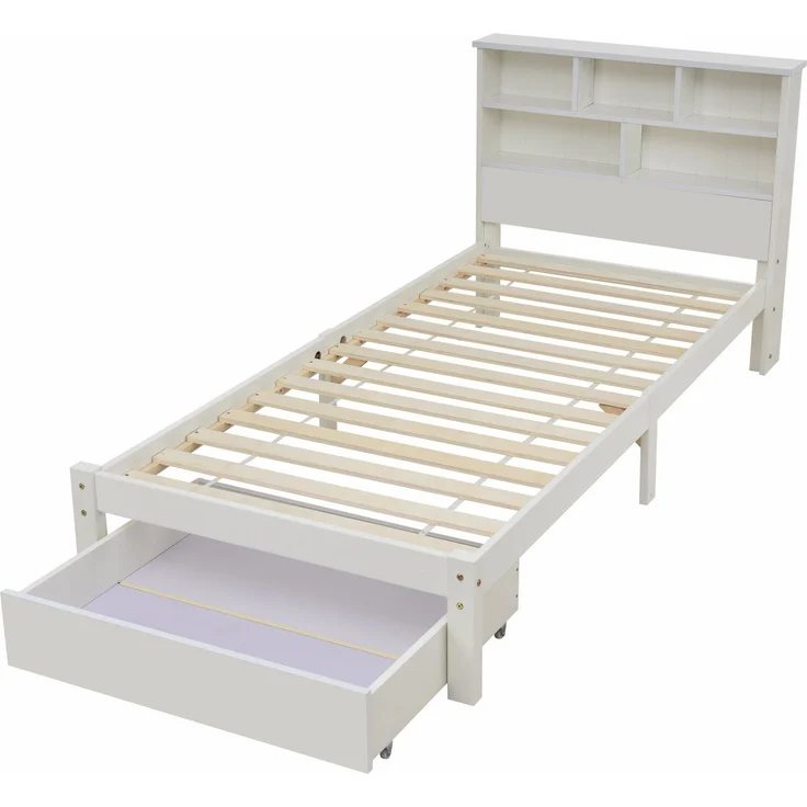 Holzbett, Einzelbett inkl. Schublade und Lattenrost, Kopfteil mit Regal, 90x200 cm, Holzbett aus Kiefer, Jugendbett – Bild 9