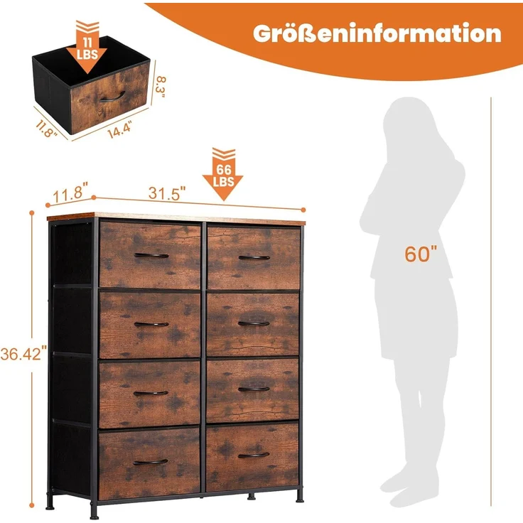 Sweetcrispy Kommode für Schlafzimmer, breite Schublade Kommode, 8 Stoffschubladen mit Griffen, Schubladen aus Stoff, Schrank, TV Stand für Schlafzimmer, Schrank, Wohnzimmer, Kinderzimmer – Bild 3