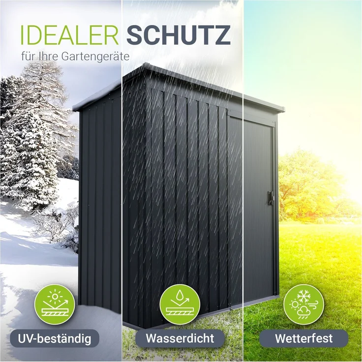 Juskys Metall Geräteschuppen S – Dunkelgrau, wetterfest mit Fundamentrahmen, Schiebetür & abschließbar - für Garten & Aufbewahrung – Bild 3