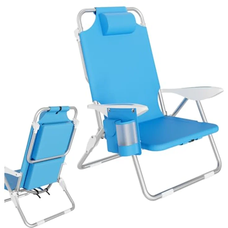BAKAJI Strandstuhl, faltbar, zusammenklappbar, Gestell aus Aluminium, mit Tasche für alle Gegenstände, integrierte Kühltasche und Rucksackriemen (Blau), Polyester Baumwolle, Unica – Bild 7
