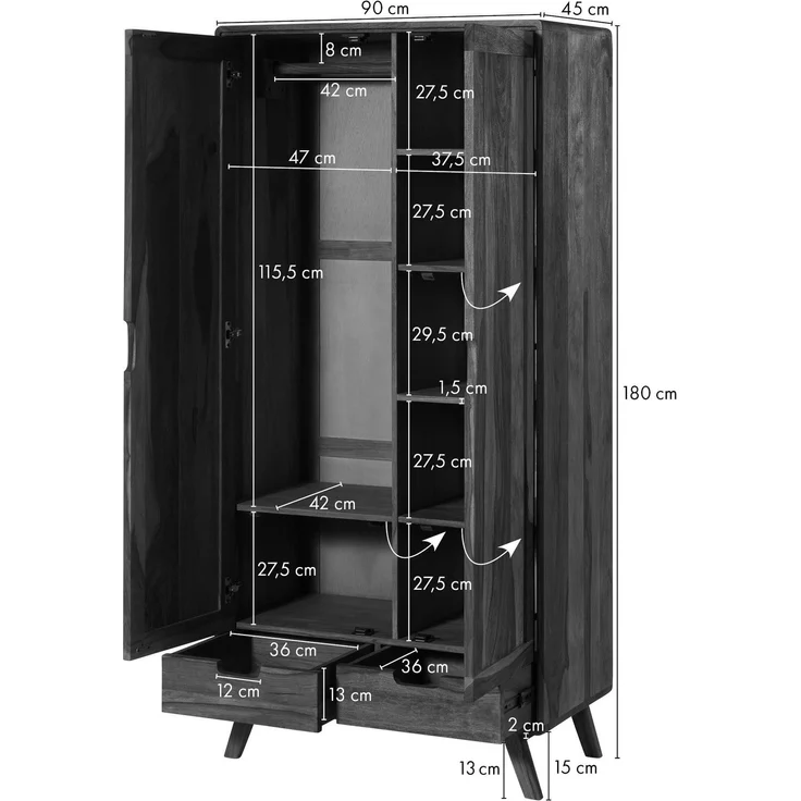 Kleiderschrank Sheesham 90x45x180 natur sandgestrahlt lackiert MALMÖ 2 #200 – Bild 6