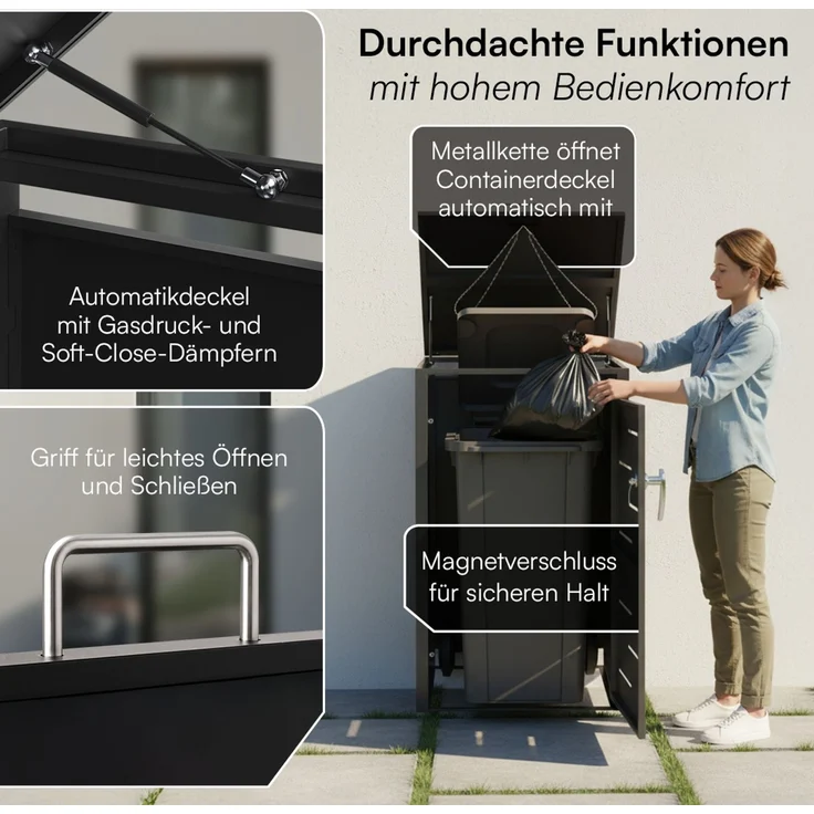 STEELSØN 'Diorus' Mülltonnenbox 1er 120 Liter, graphitschwarz, Mülltonnenverkleidung aus Stahl mit Sichtstreifen, wetterfest, 102x62x60,5 cm, abschließbare Müllbox für 1 Tonne – Bild 3