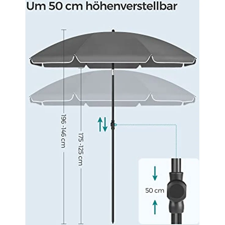 SONGMICS Sonnenschirm 160 cm, Sonnenschutz, UPF 50+, Strandschirm, beidseitig um 30° knickbar, höhenverstellbar, mit Tragetasche, für Balkon, Garten, Terrasse, Strand, ohne Ständer, grau GPU060G01 – Bild 5