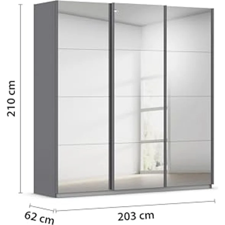 Rauch Möbel Kulmbach, Kleiderschrank mit Schwebetüren für Schlafzimmer, Kinderzimmer, Jugendzimmer, Garderobe, Flur, 3-türig, mit Spiegel, Zubehör Basic, Farbe Grau metallic, Schwarz, Breite 203 cm – Bild 3