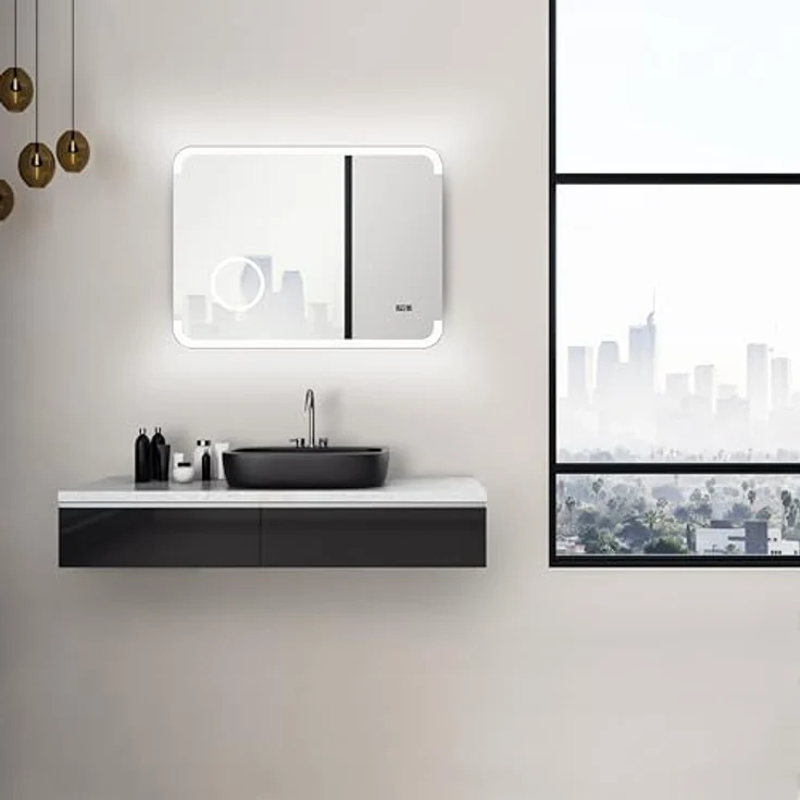 Talos LED Badspiegel Harmony, 80 x 60 cm mit hinterleuchtetem Raumlicht, beleuchtetem Kosmetikspiegel mit 3-fach Vergrößerung, Digitaluhr, hochwertigem Aluminiumrahmen, feuchtraumgeeignet – Bild 3