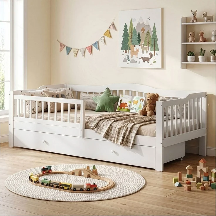 LEADZM Kinderbett mit Schubladen 70x140 / 80x160 / 90x200cm, Hausbett mit Lattenrost, Bodenbett mit Stauraum und Abnehmbarer Barriere, Weiß – Bild 3