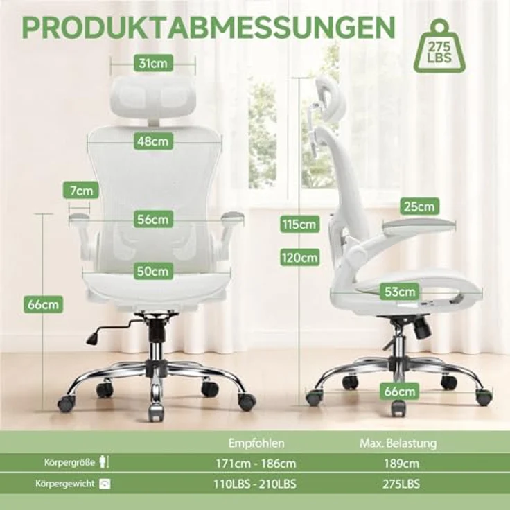 GTPLAYER Bürostuhl Ergonomisch, Schreibtischstuhl mit Verstellbarer Kopfstütze, Armlehnen, Lendenwirbelstütze, Büro Stuhl & Gaming Stuhl Wippfunktion, Chefsessel aus Mesh, 150kg(Weiß) – Bild 9