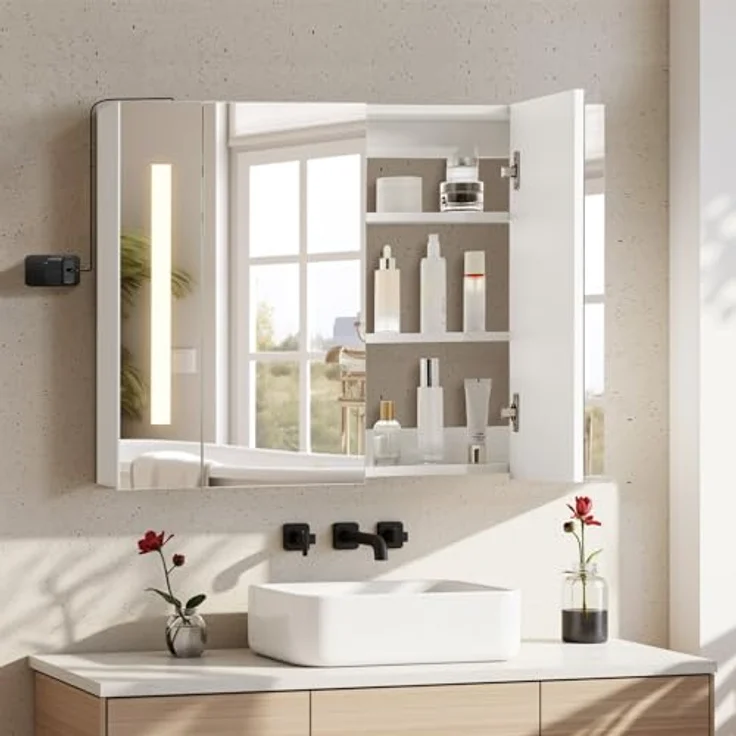TUKAILAI LED Spiegelschrank Bad 80 x 15 x 60 cm, IP44 Wasserdicht, Stecker Stromversorgung, Moderner Badezimmerschrank mit 3 Lichtfarben, 2 Türen, 3 Verstellbaren Regalen, HD-Spiegel für Badezimmer – Bild 2