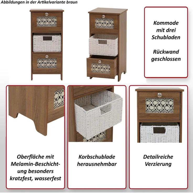 Kommode HWC-O75, Schubladenschrank, 3 Schubfächer Korbschubladen Holz Melamin 63x30x30cm ~ natur-weiß – Bild 2